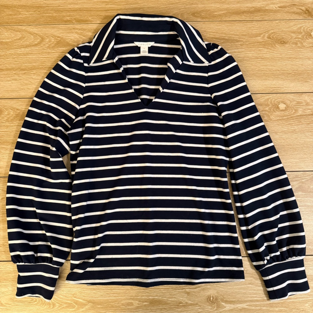 Caslon Navy Blue and White Striped Long Sleeve Shirt Size Small